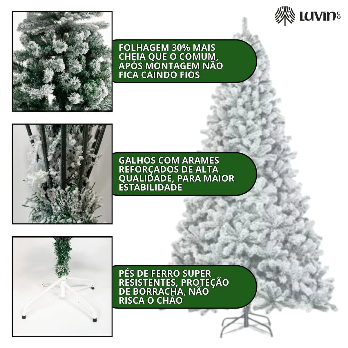 Árvore De Natal Pinheiro Nevada 2,10m 900 Galhos Premium Tradicional Grande Branca Cheia Neve Luxo Luvinco