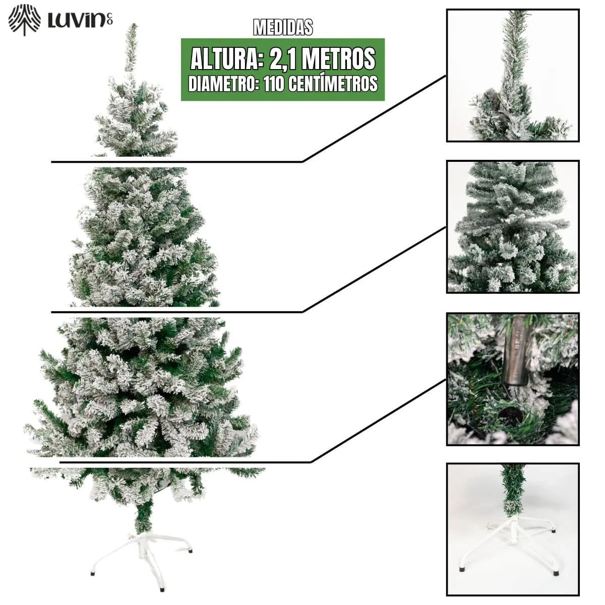 Árvore De Natal Pinheiro Nevada 2,10m 900 Galhos Premium Tradicional Grande Branca Cheia Neve Luxo Luvinco