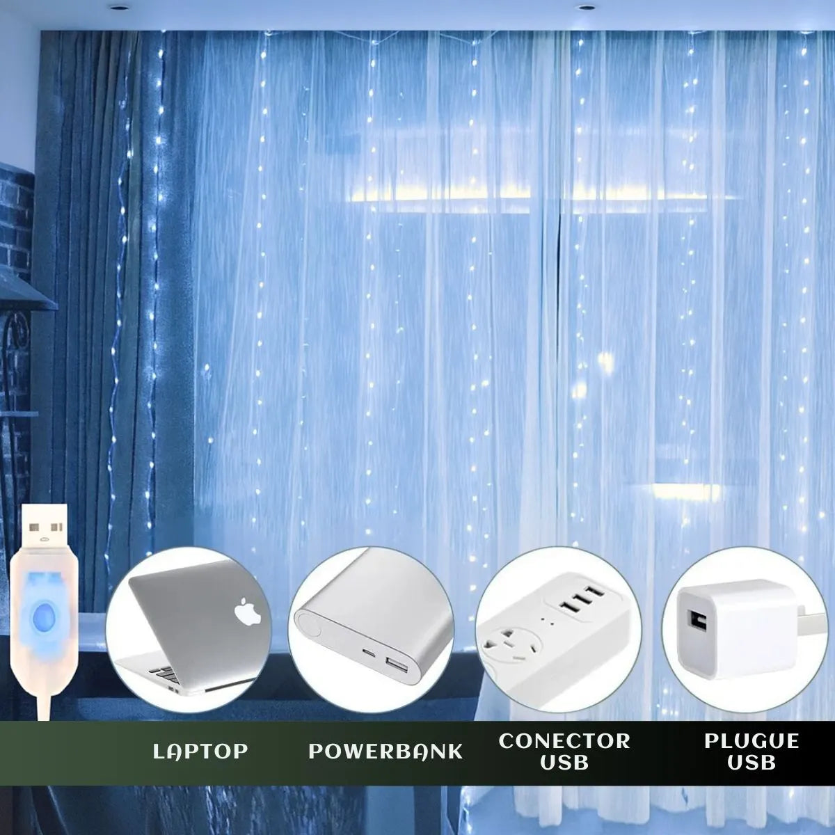 Cortina 300 Leds 3x3m Pisca Pisca USB IP44 8 Modos De Iluminação Luzes De Fada Decoração Natal Festa LuvinCo