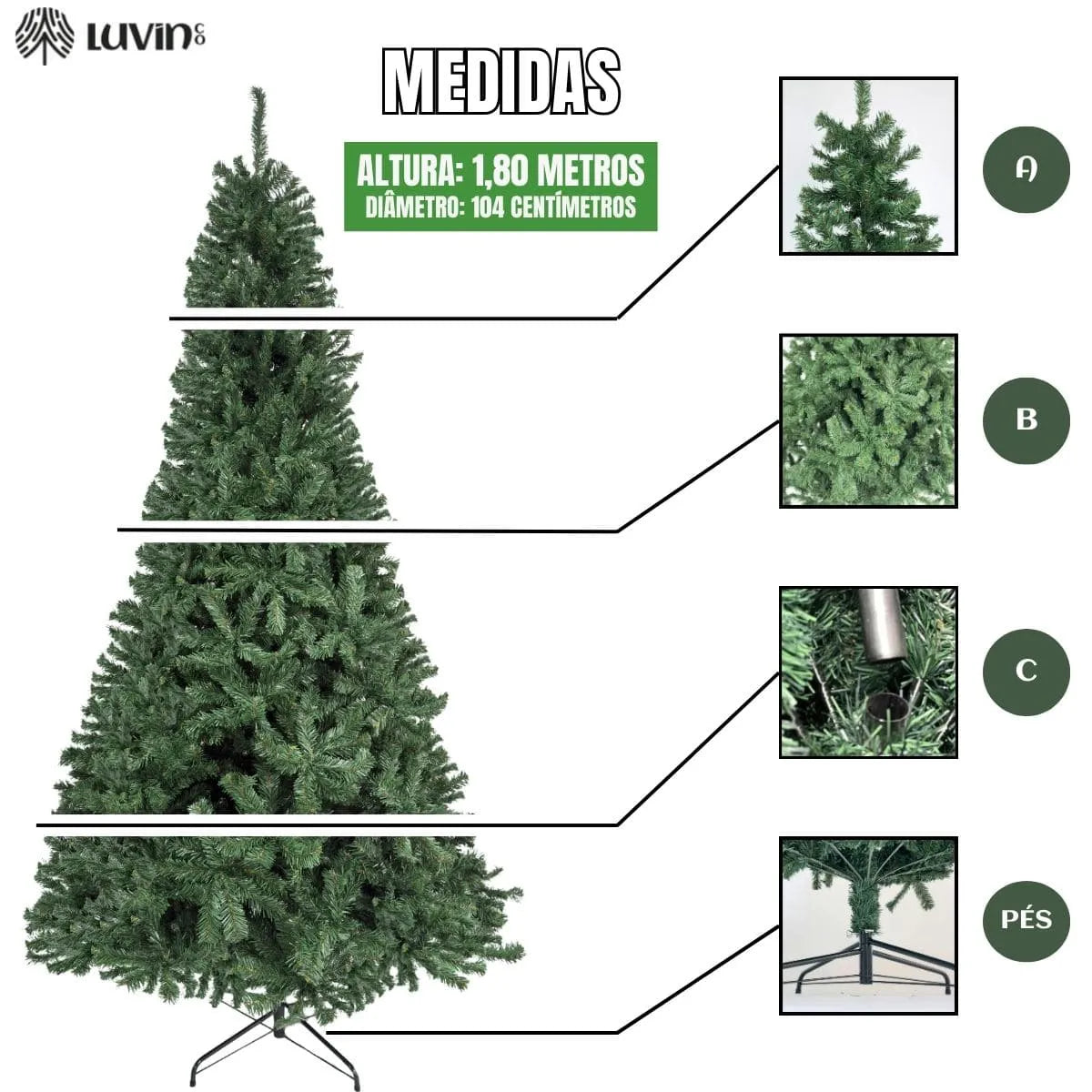 Árvore De Natal Pinheiro Canadense Luxo 1,80m 800 Galhos Tradicional Verde Imperial Premium Grande Cheia Luvinco
