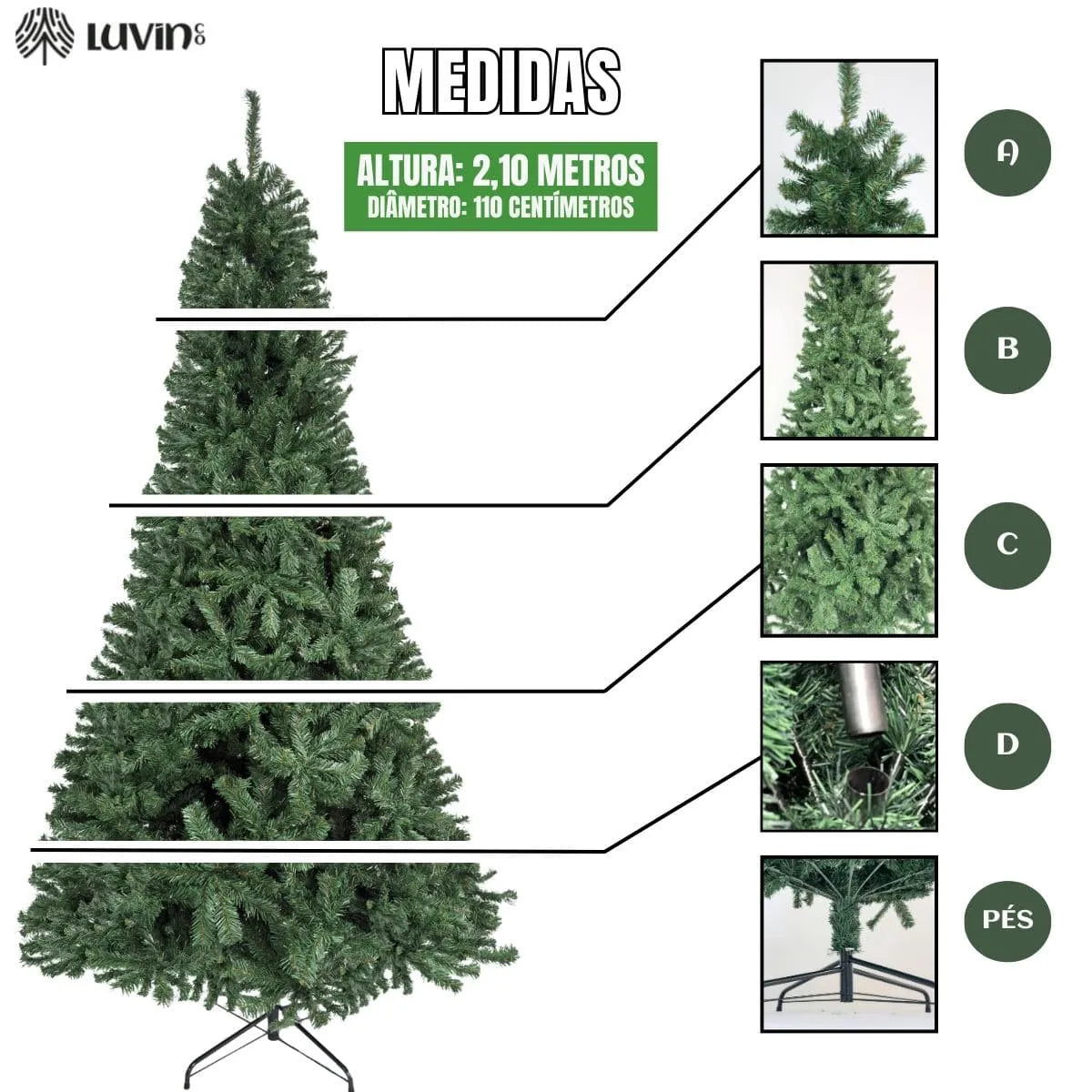 Árvore De Natal Pinheiro Canadense Luxo 2,10m 1200 Galhos Tradicional Verde Imperial Premium Grande Cheia Luvinco