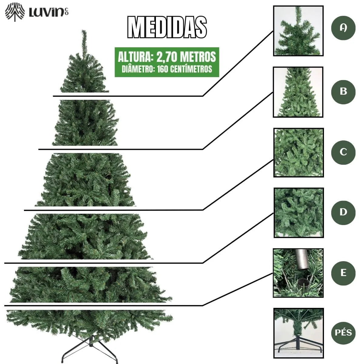 Árvore De Natal Pinheiro Canadense Luxo 2,70m 2000 Galhos Tradicional Verde Imperial Premium Grande Cheia LuvinCo