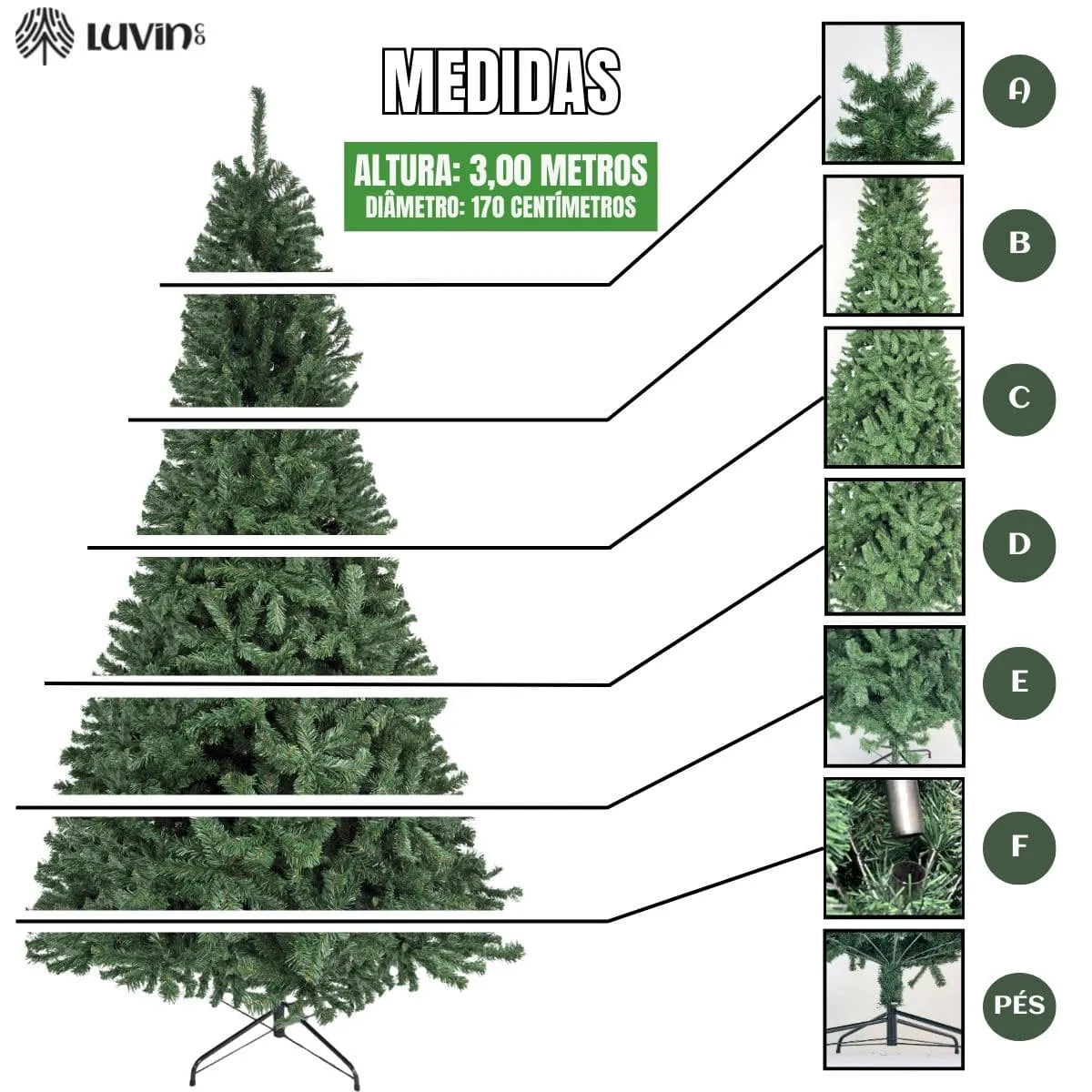 Árvore De Natal Pinheiro Canadense Luxo 3,00m 2500 Galhos Tradicional Verde Imperial Premium Grande Cheia Luvinco