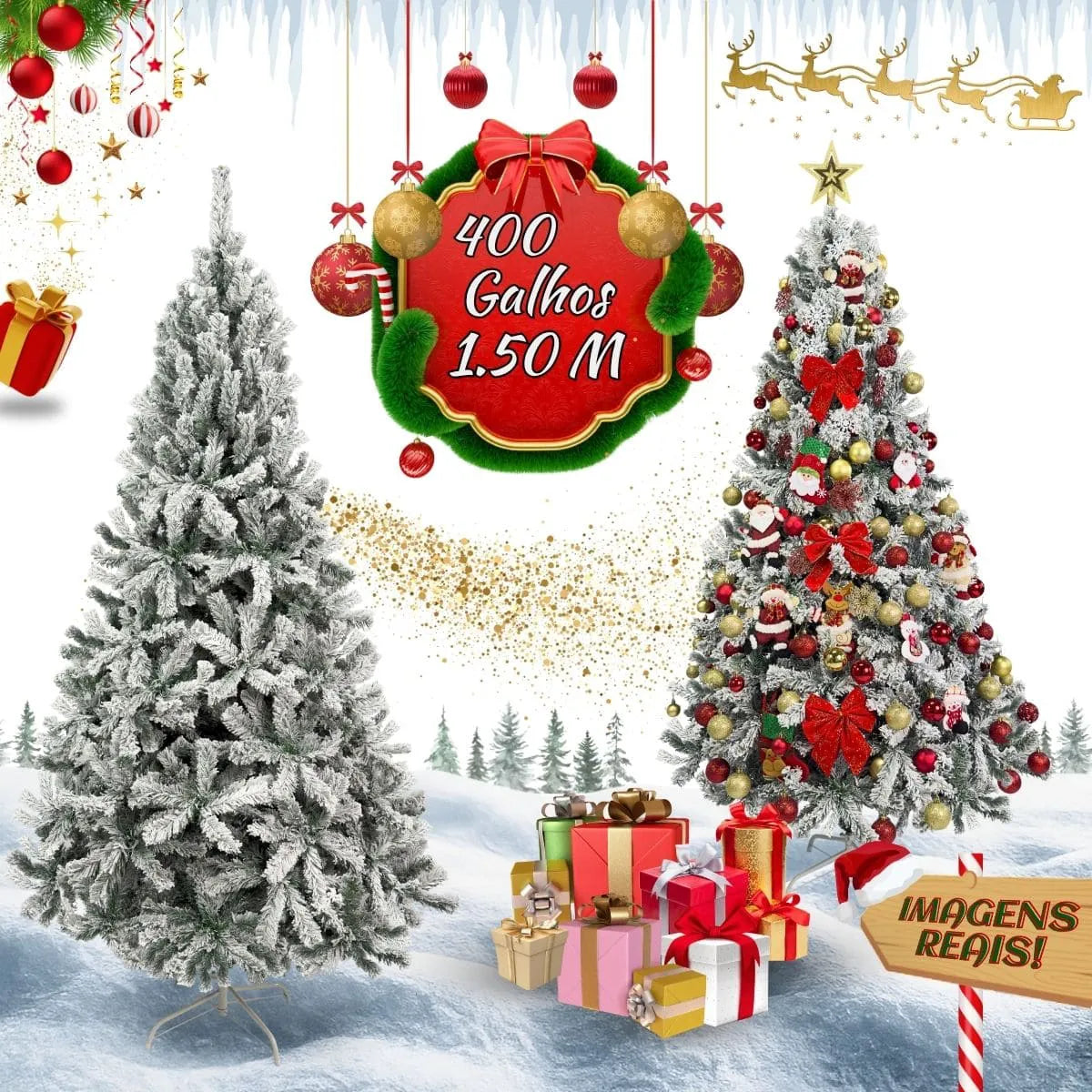 Árvore De Natal Pinheiro Nevada 1,50m 400 Galhos Premium Tradicional Grande Branca Cheia Neve Luxo Luvinco