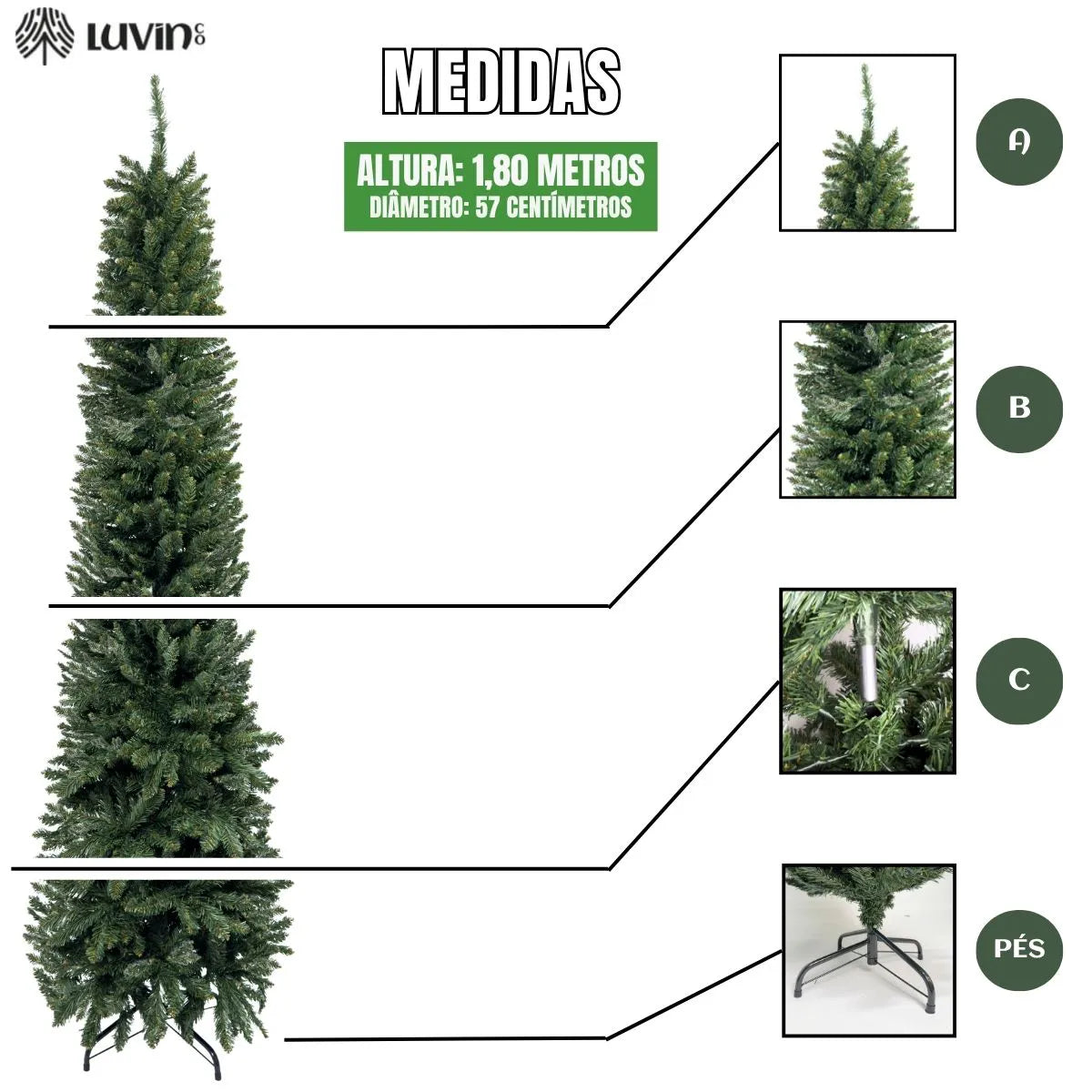 Árvore Natal Slim 1,80m 600 Galhos Pinheiro Tradicional Fina Luxo Cheia Luvinco