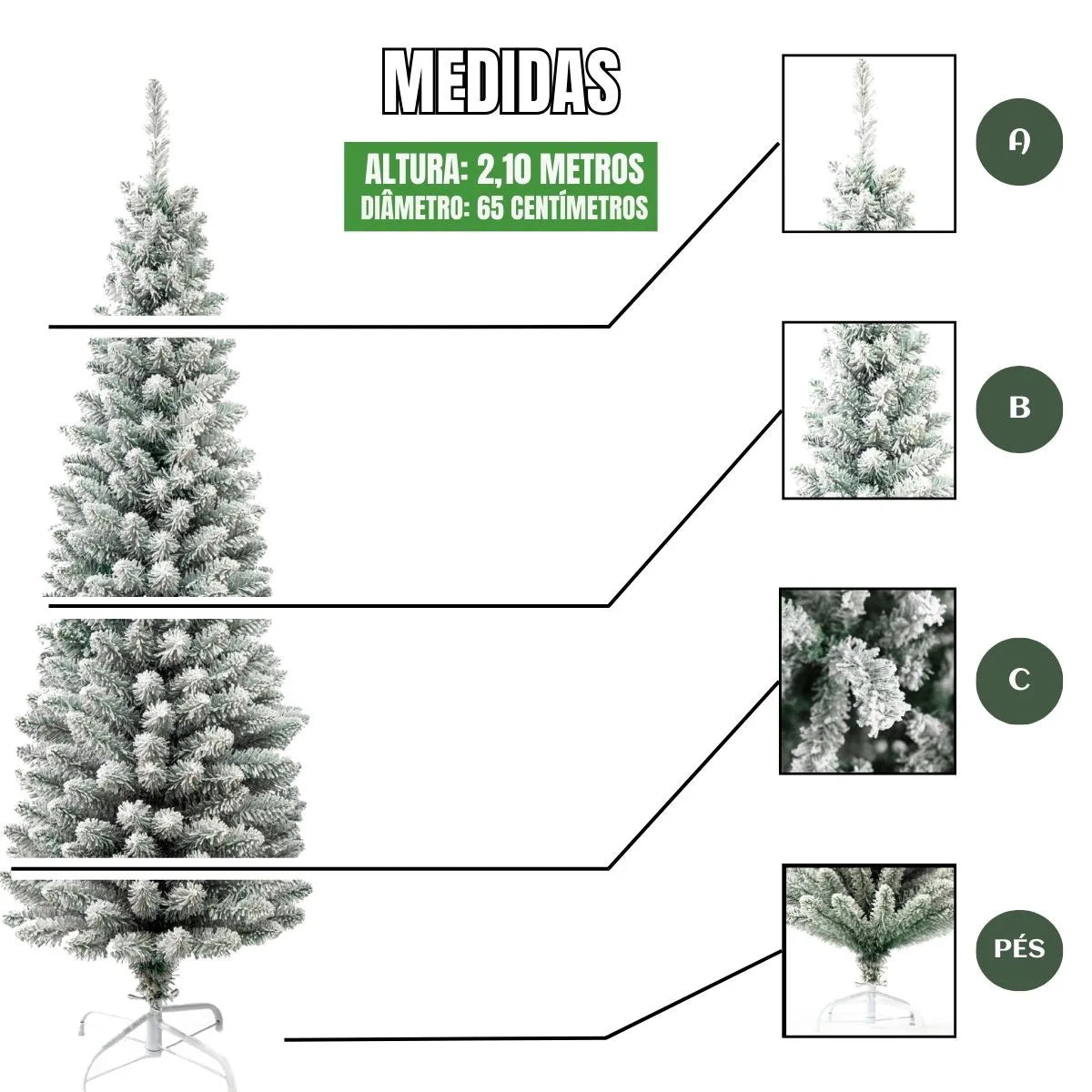 Árvore Natal Slim Nevada 2,10m 700 Galhos Pinheiro Tradicional Fina Luxo Cheia Luvinco